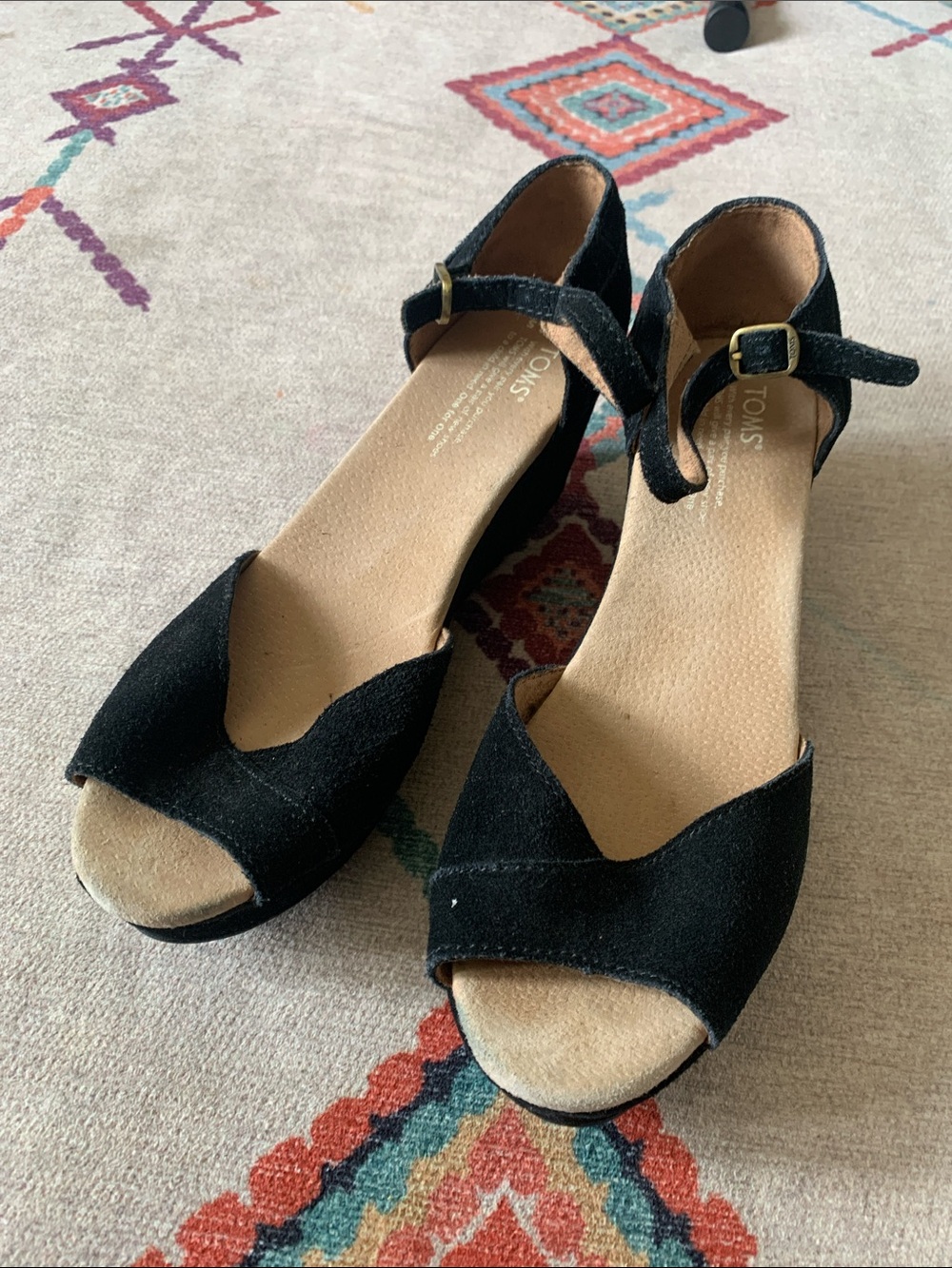 Toms Black Suede Open-Toe Ankle Strap Wedges